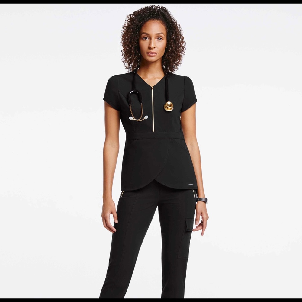 Jaanuu Signature Gold Zip Tulip Top And Flare Pant Scrub Set Small